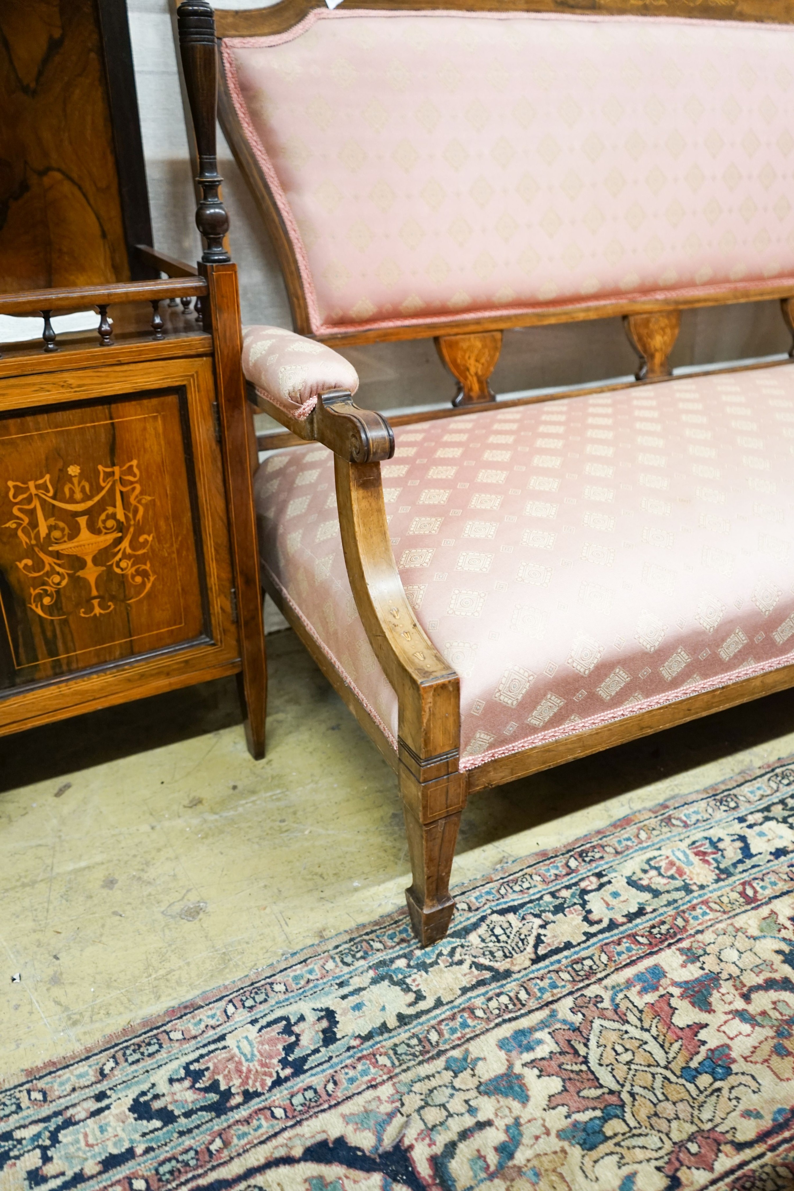 A late Victorian marquetry inlaid rosewood salon settee, length 144cm, depth 60cm, height 90cm